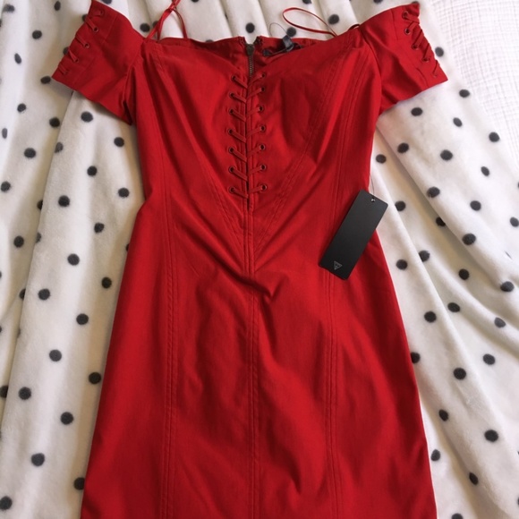 GUESS - Red Off-The-Shoulder Corset-Style Mini Dress - Picture 1 of 4